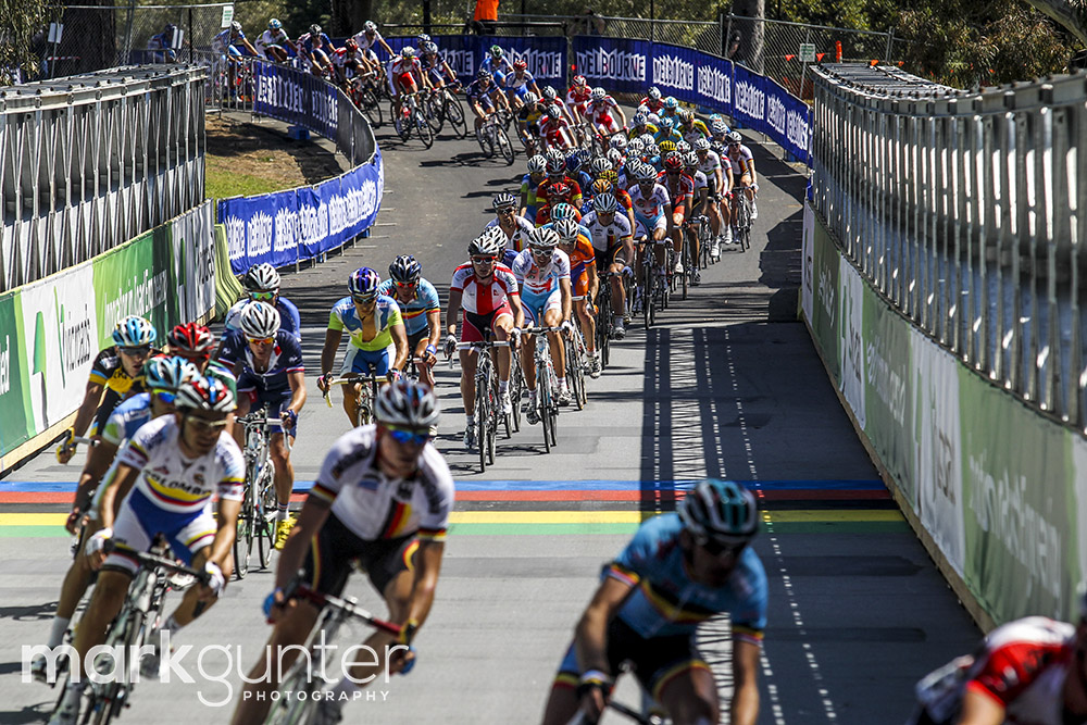 The peloton on the back part of the course.