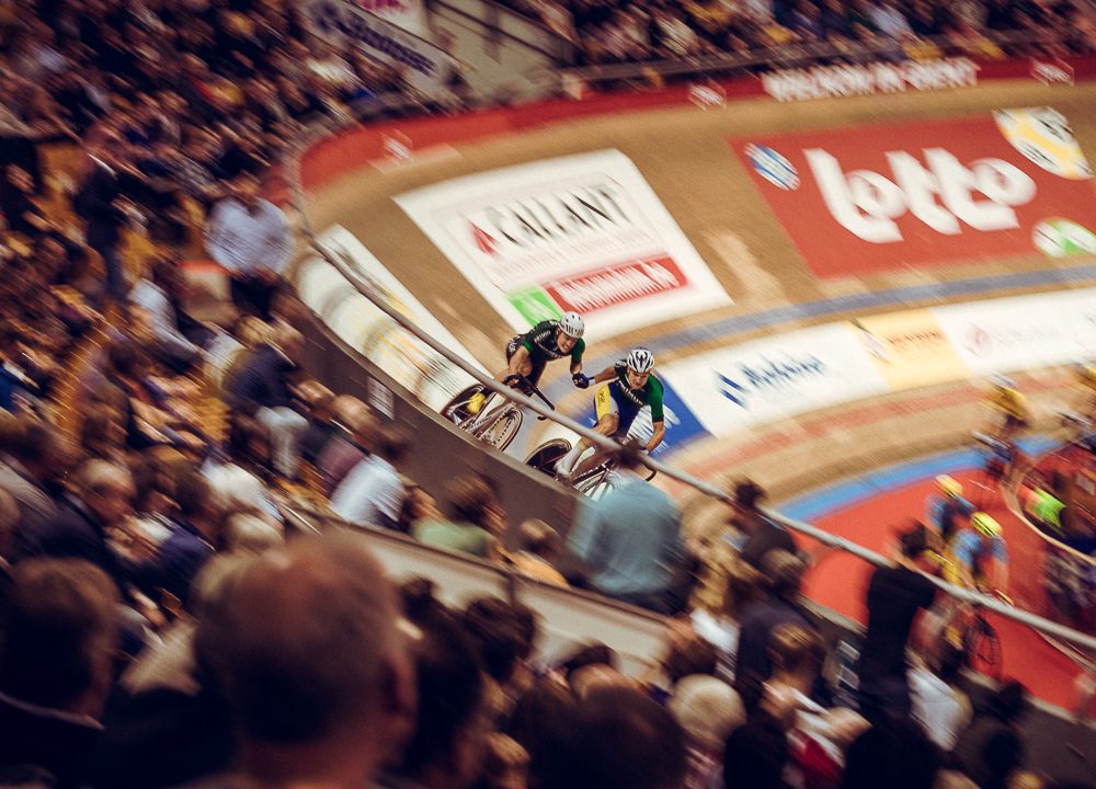 During the six days of Ghent the changing is key at the 500m sprint. The speed is high, so it's very difficult to get it right. With a slow shutter speed I tried to capture the speed and the difficulty.