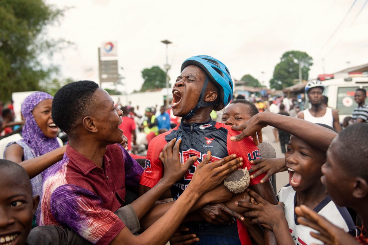 Abu Sheikh Sesay is greeted by fans after a monstrous solo effort on Stage 1. He finished second on the stage.