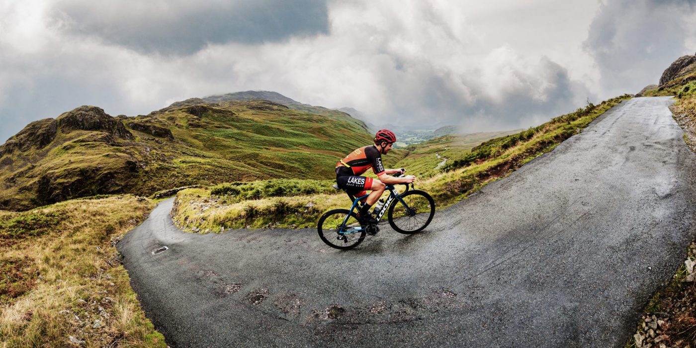 Hardknott Pass, Fred Whitton Challenge A Lakes Road Club rider tackles the infamous gradient of 33% on hardknott Pass during the Fred Whitton Challenge sportive held in the English Lake District.